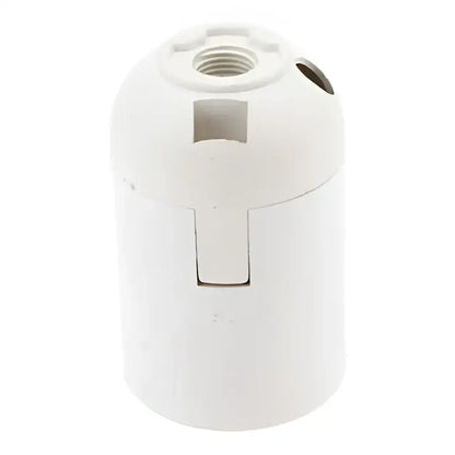 White plastic e27 lamp bulb holder fitting with threaded top and rectangular side slot for living room use