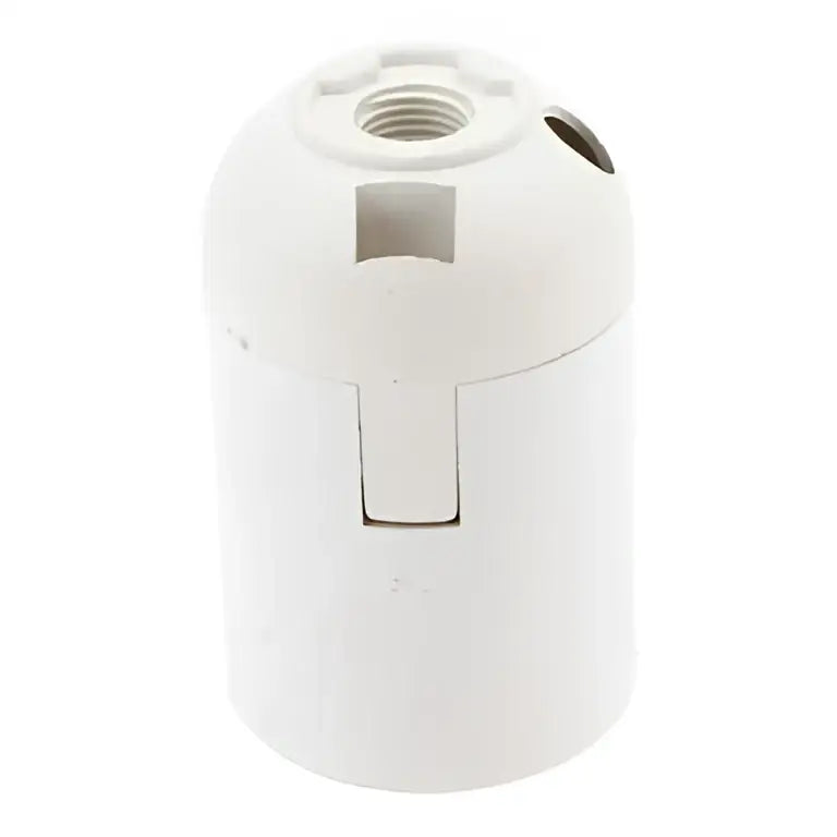 White plastic e27 lamp bulb holder fitting with threaded top and rectangular side slot for living room use