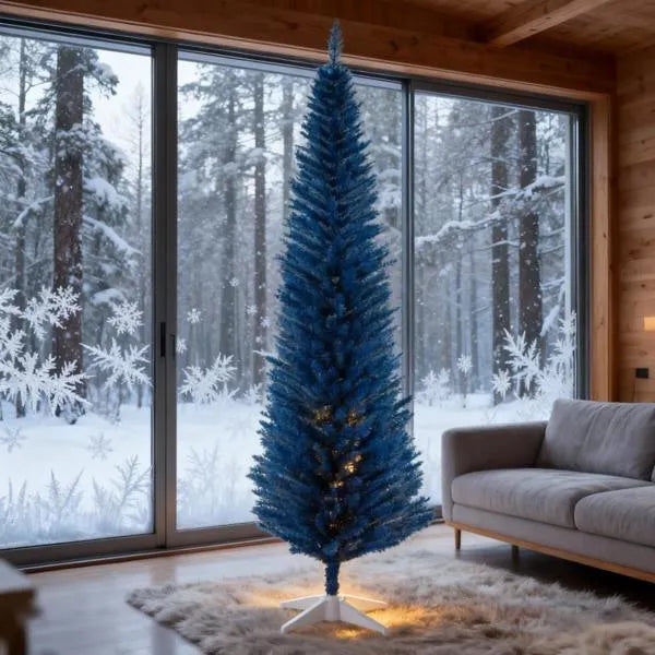 Bleistift-Weihnachtsbaum, Dekorierter Weihnachtsbaum mit realistischen Astspitzen und Kunststoffständer