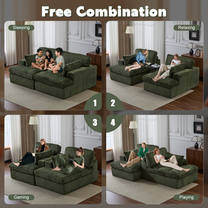 Doppelte Chaise-Lounge-Stuhl für Innenräume, Überdimensionierte Bezogene Schlafcouch Cloud-Sofa, Tief Sitzender Luxus-Sofabett, Sektionelles Sofa mit Chaise-Lounge und Loveseat, Corduroy-Lesestuhl für das Wohnzimmer, Keine Montage erforderlich, Grün
