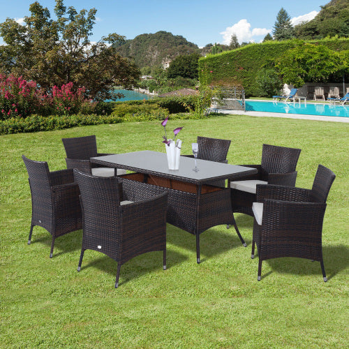 Outsunny 6-Sitzer-Rattan-Esszimmergarnitur mit Polstern, Rattan-Gartenmöbel-Set mit 6 Armstühlen, rechteckiger Tisch mit Glasplatte, Außenesszimmer-Tisch und -Stühle, Braun