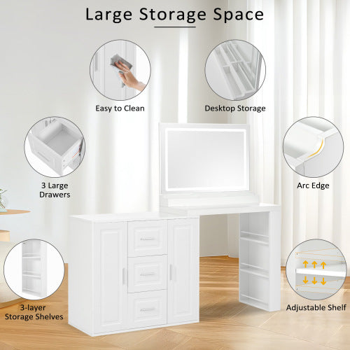 59Makeup-Toilettentisch mit Spiegel, Schminktischspiegel mit Beleuchtung, Ankleidetisch mit 3 Schubladen und 2 Schränken, Toilettentisch mit Stauraumregalen für das Schlafzimmer, Weiß