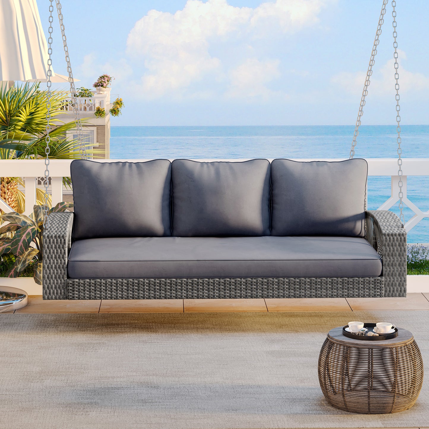 GO 69 PE Wicker 3-Person Porch Swing With Chains, Large Patio Swing Bench With Cushions For Backyard, Garden, And Poolside, Gray69