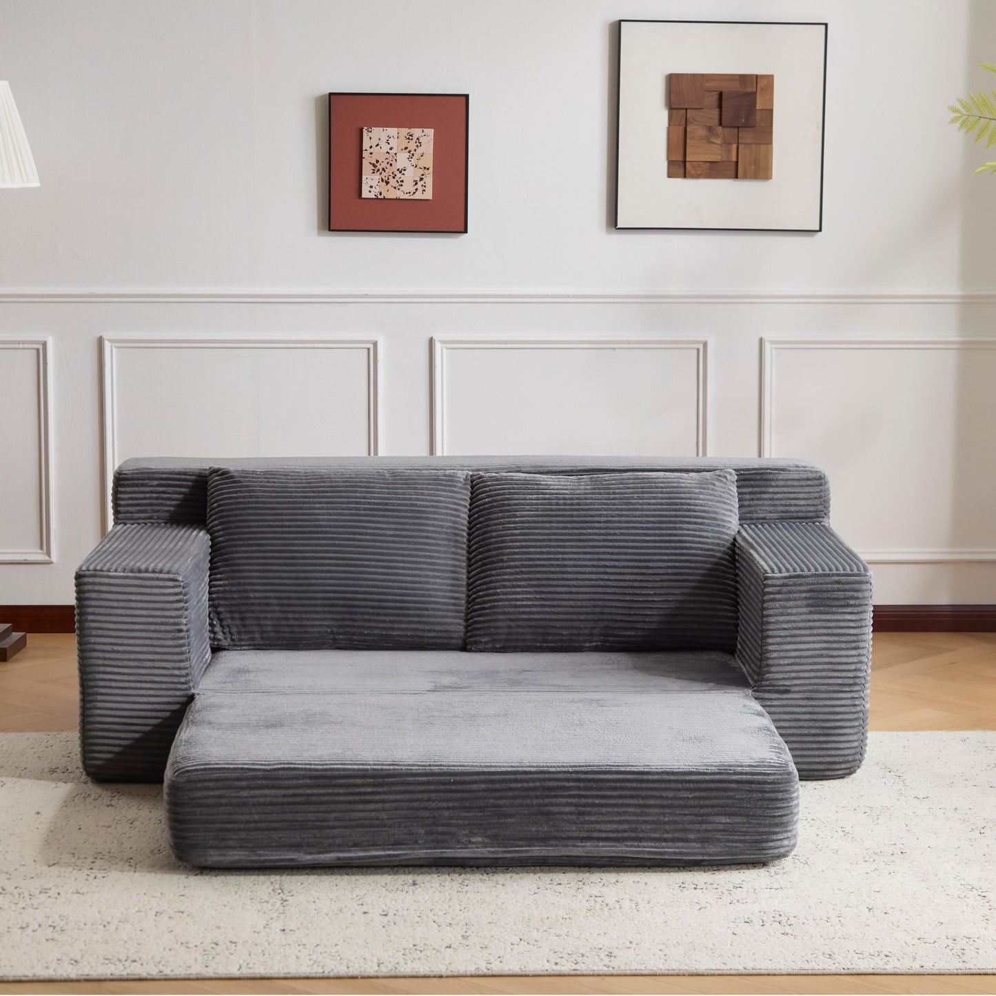 Zweisitzer-Sofa, Bequemes Sofa-Bett mit tiefer Sitzfläche, Modernes kleines Cord-Sofa für Wohnzimmer und Schlafzimmer, Umkehrbares Kissen mit Kissen, Keine Montage erforderlich, Dunkelgrau