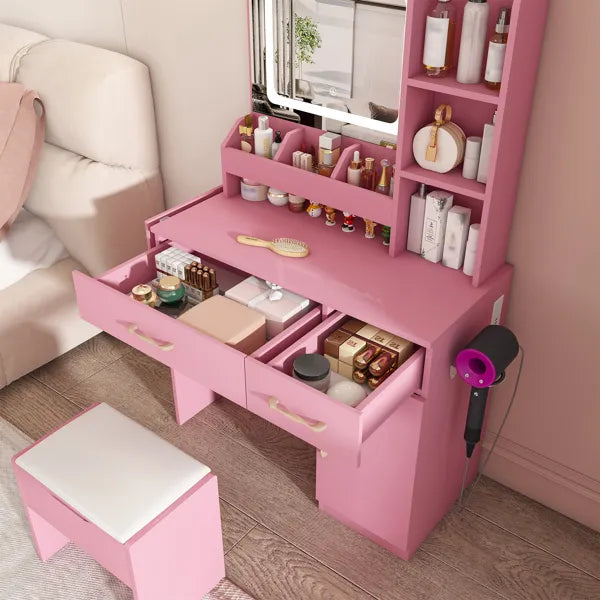 Toilettentisch mit LED-Spiegelbeleuchtung und Stromsteckdosen-Ladestation, Schminktisch mit 3 Schubladen, 7 Regalen und Stauraum-Hocker, für Mädchen und Frauen (Rosa)