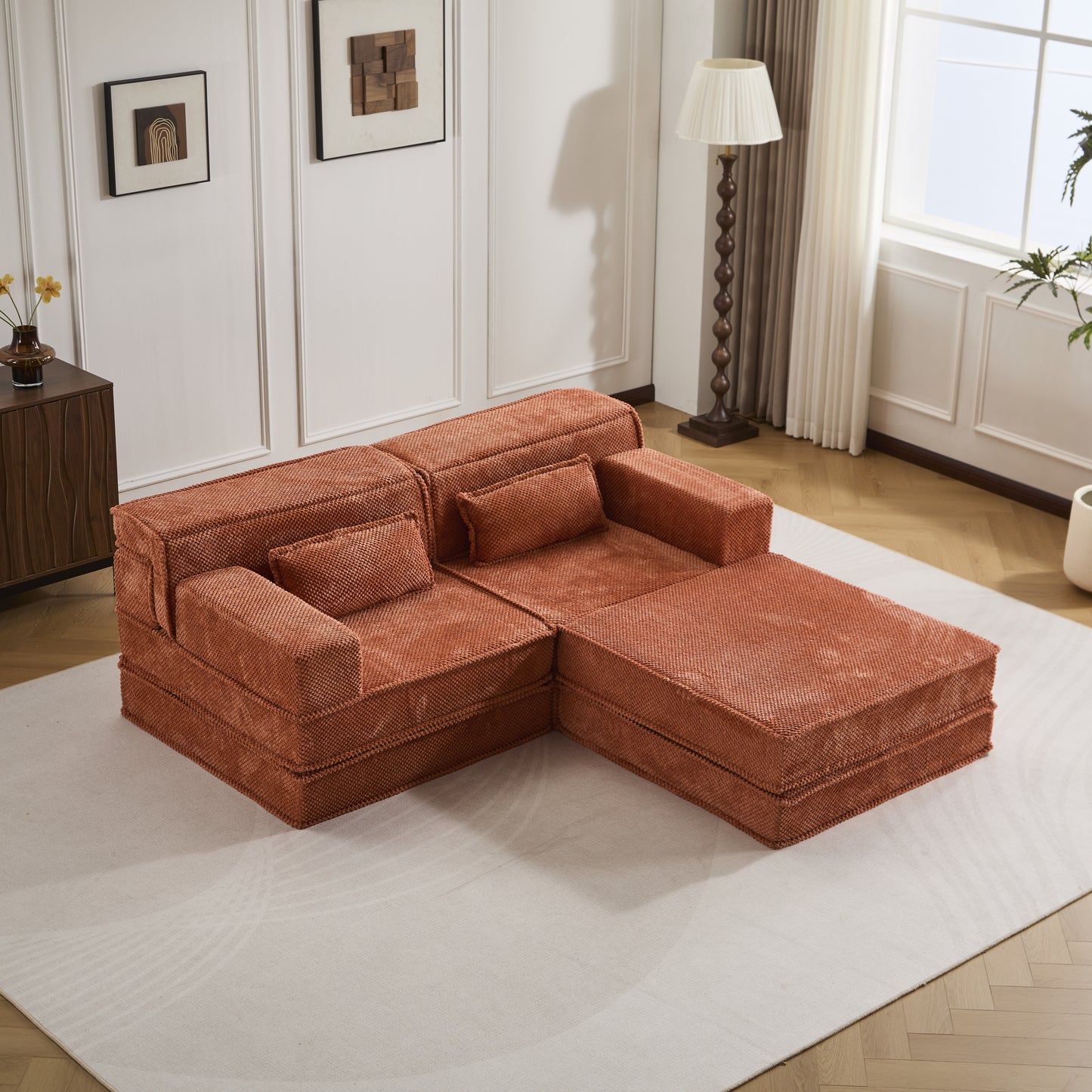 Kompressions-Mahjong-Sofa, umklappbares Boden-Sofabett, DIY knochenloses modulares Sektionssofa, keine Montage erforderlich, Kreisförmiger Fleece-Stoff, überdimensioniertes 2-Sitzer-Sofa mit 1 Hocker, Orange