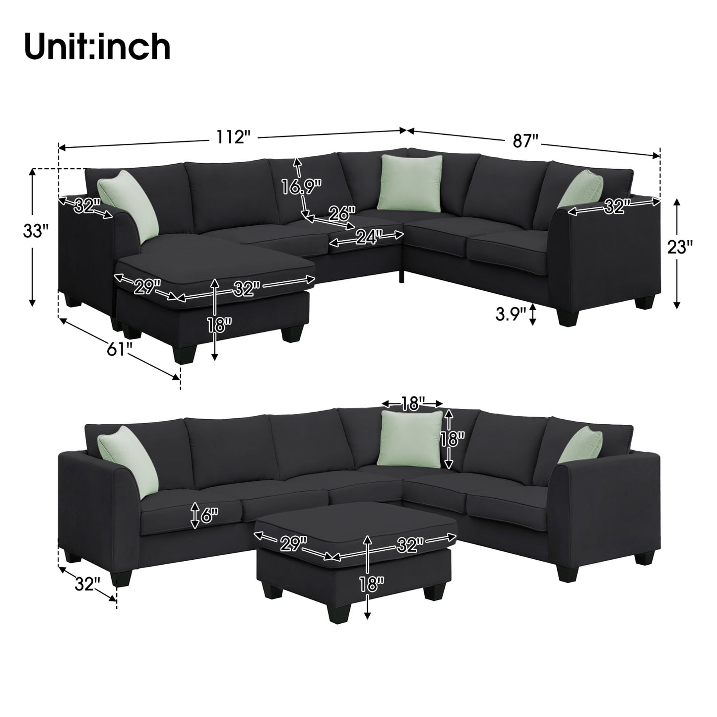 112 87 Sektionale Sofas, 7-Sitzer modulare Wohnzimmer-Sets