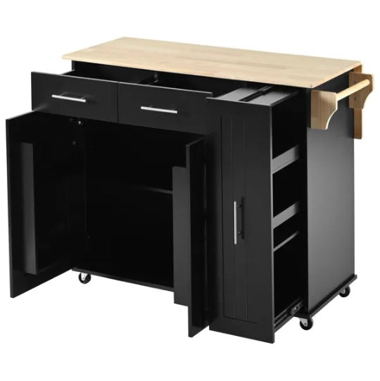 Kitchen Island With Drop Leaf, Kitchen Storage Cart With 3 Tier Pull Out Cabinet Organizer, Internal Storage Rack, Rolling Kitchen Cart On Wheels With Towel Rack, 2 Drawers, For Kitchen, Black