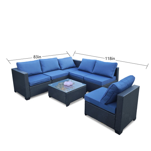 Siebenteiliges Sofaset mit Tisch und Sessel, Schwarz, PE-Rattan, Außenmöbel 7-JH001, Karton 3-1-2-3 mit blauen Sitzkissen