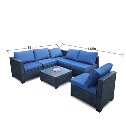 Siebenteiliges Sofaset mit Tisch und Sessel, Schwarz, PE-Rattan, Außenmöbel 7-JH001, Karton 3-1-2-3 mit blauen Sitzkissen