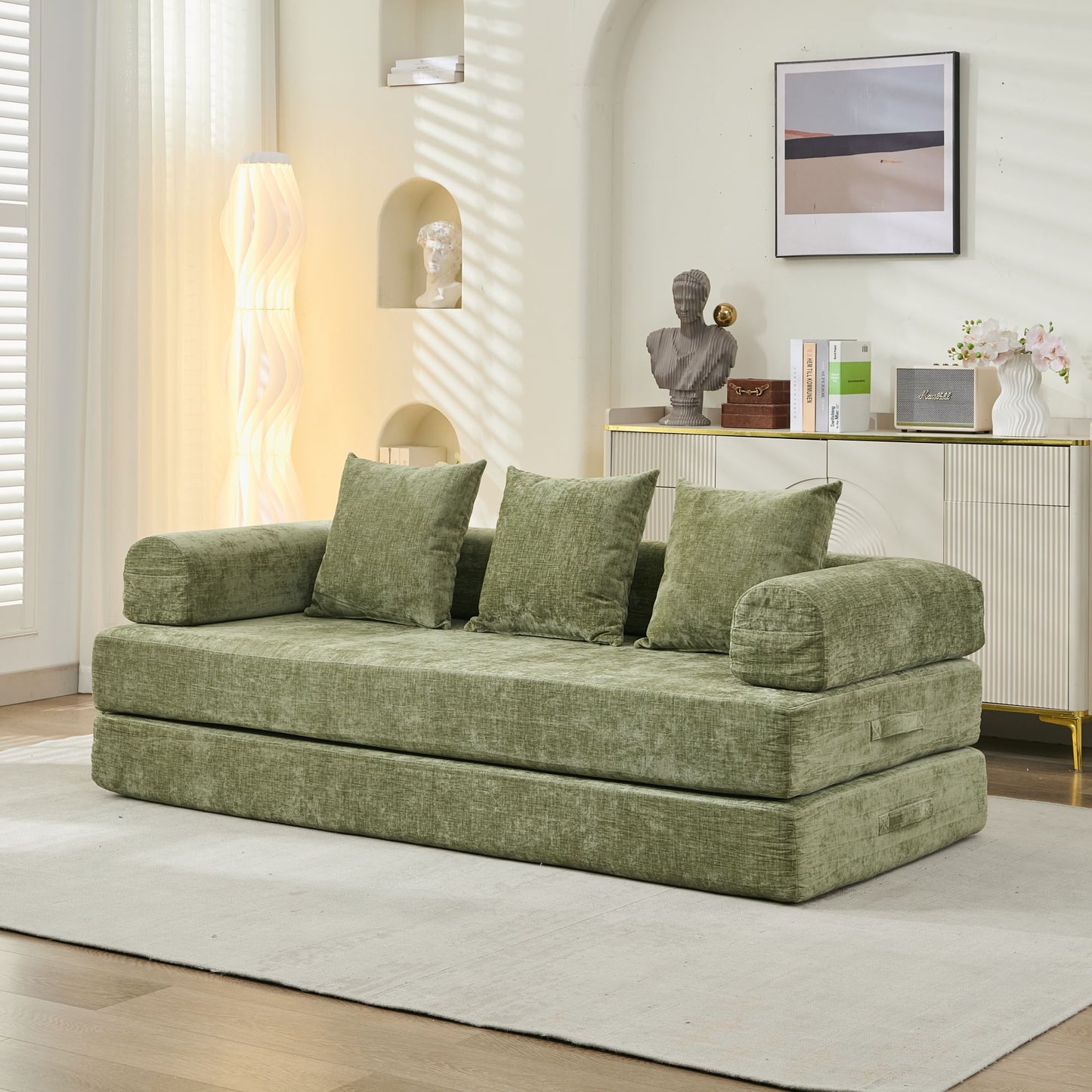 Komfortables umklappbares Matratzen-Sofa, Boden-Sofabett, Chenille-Boden-Sofa mit Armlehnen, Boden-Sofa-Lounge-Couch für Wohnzimmer, Schlafzimmer, Lounge und Studio – Grün