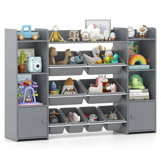 Grauer multifunktionaler Kinderspeicherregal - Spielzeugorganizer + Bücherregal, 142 cm x 30 cm x 99 cm, Umkippsicherung, Tragfähigkeit 120 kg