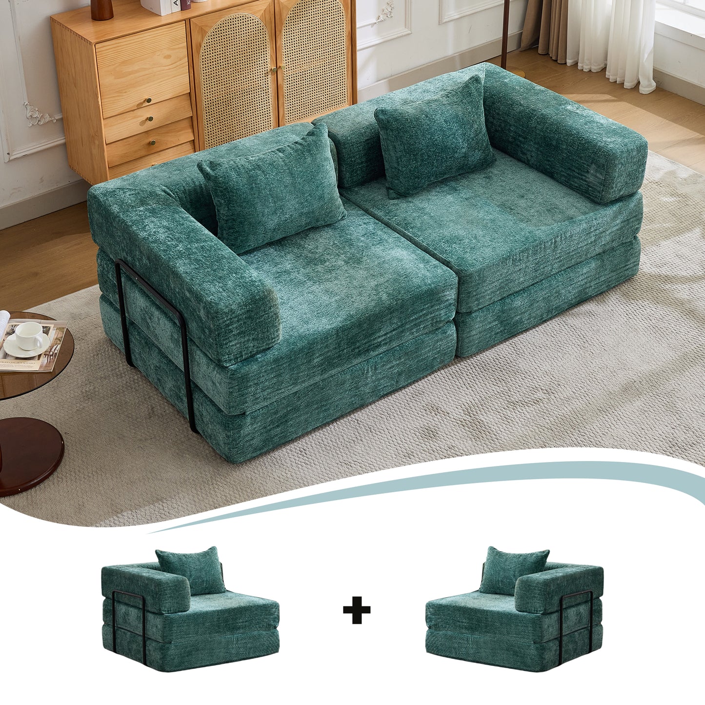 Kompressions-Sofa, Umklappbares Boden-Sofa-Bett mit festem Rahmen, Sessel knochenloses modulares Sektionalsofa, Keine Montage erforderlich, Chenille-Stoff, für Wohnzimmer Schlafzimmer, Dunkelgrün