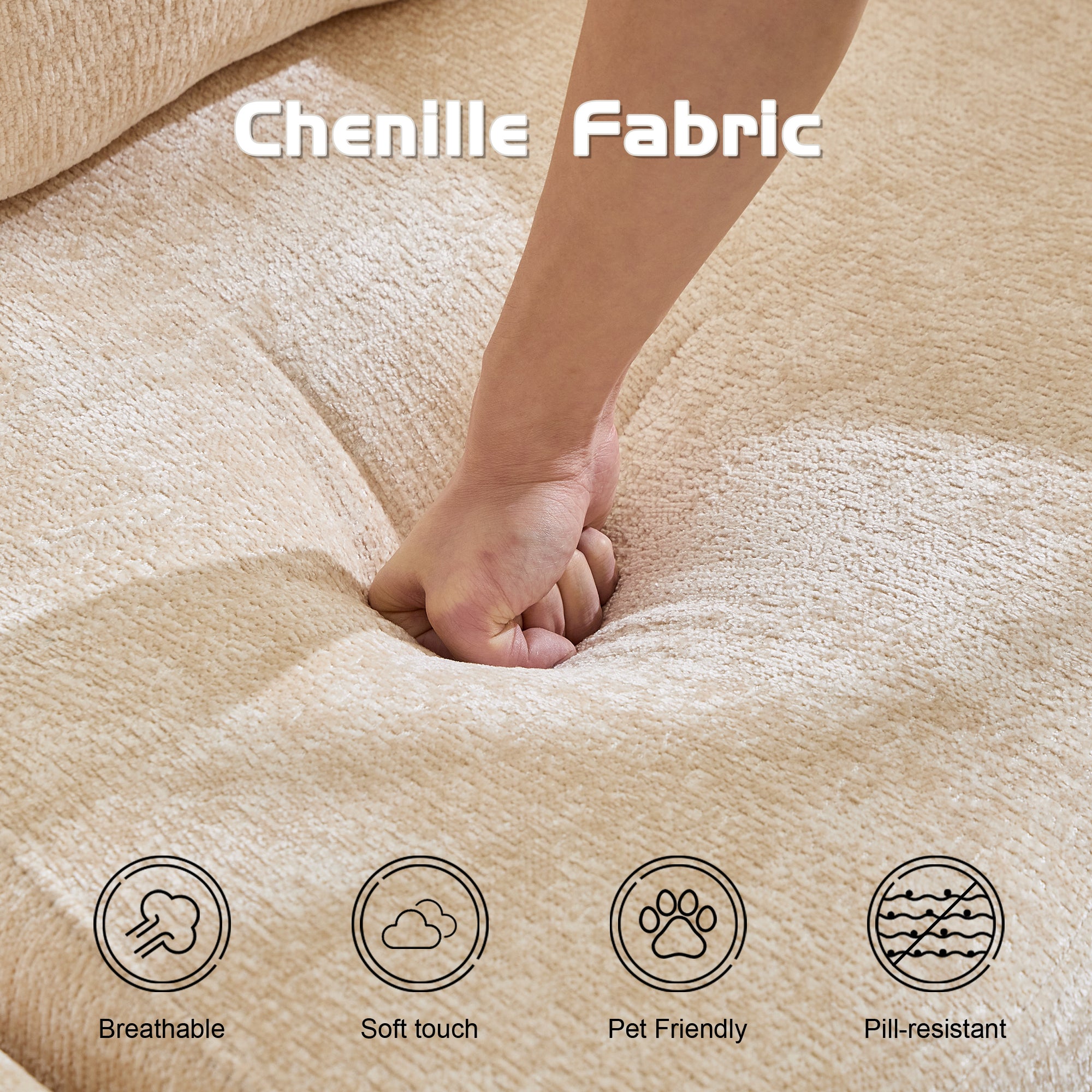 Kompressions-Sofa, Umklappbares Boden-Sofa-Bett mit festem Rahmen, Sessel knochenloses modulares Sektionssofa, keine Montage erforderlich, Chenille-Stoff, für Wohnzimmer und Schlafzimmer, Beige