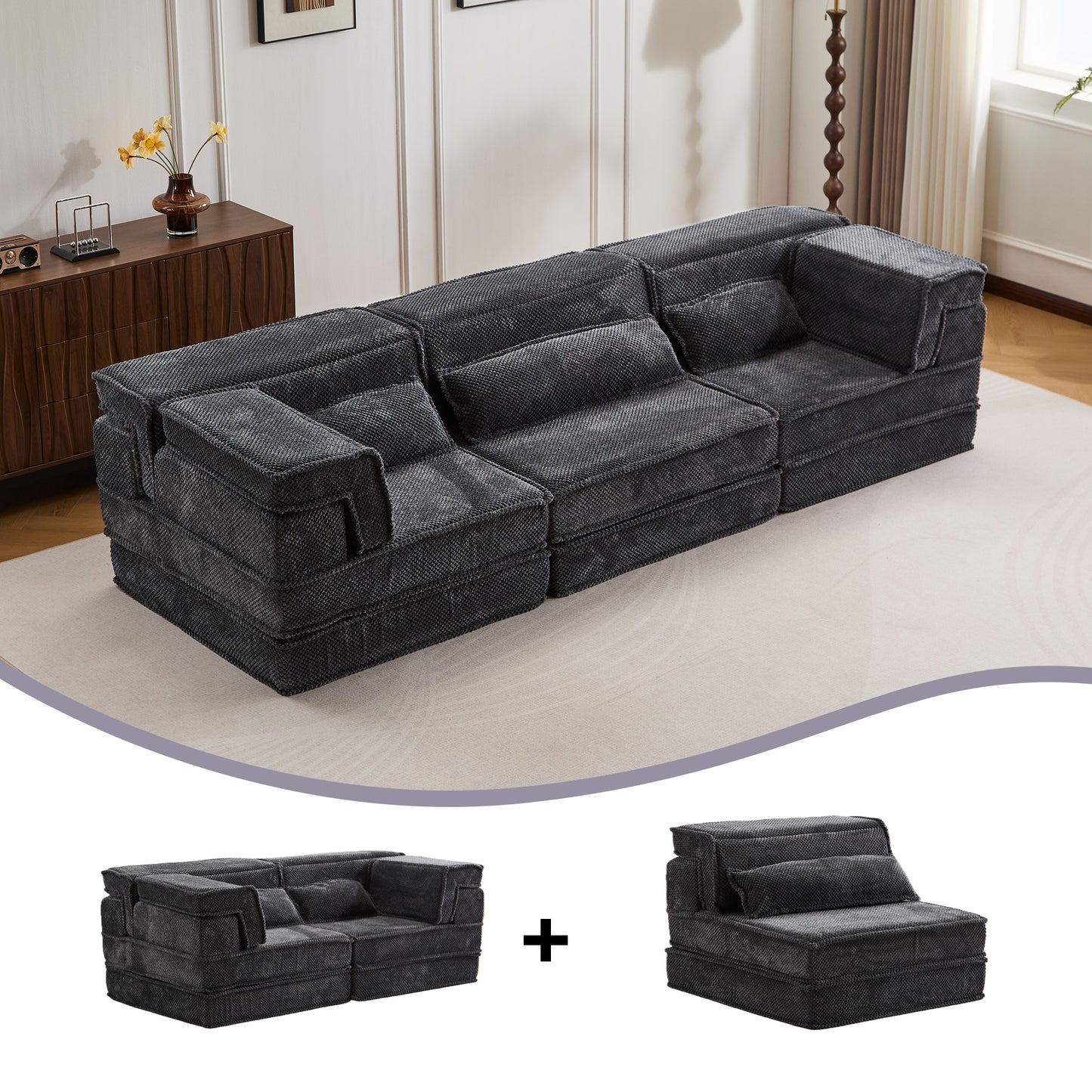 Kompressions-Mahjong-Sofa, umklappbares Boden-Sofabett, DIY knochenloses modulares Sektionssofa, keine Montage erforderlich, runder Fleece-Stoff, überdimensioniertes 3-Sitzer-Sofa mit 3 Kissen, Dunkelgrau