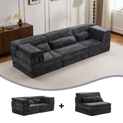 Kompressions-Mahjong-Sofa, umklappbares Boden-Sofabett, DIY knochenloses modulares Sektionssofa, keine Montage erforderlich, runder Fleece-Stoff, überdimensioniertes 3-Sitzer-Sofa mit 3 Kissen, Dunkelgrau