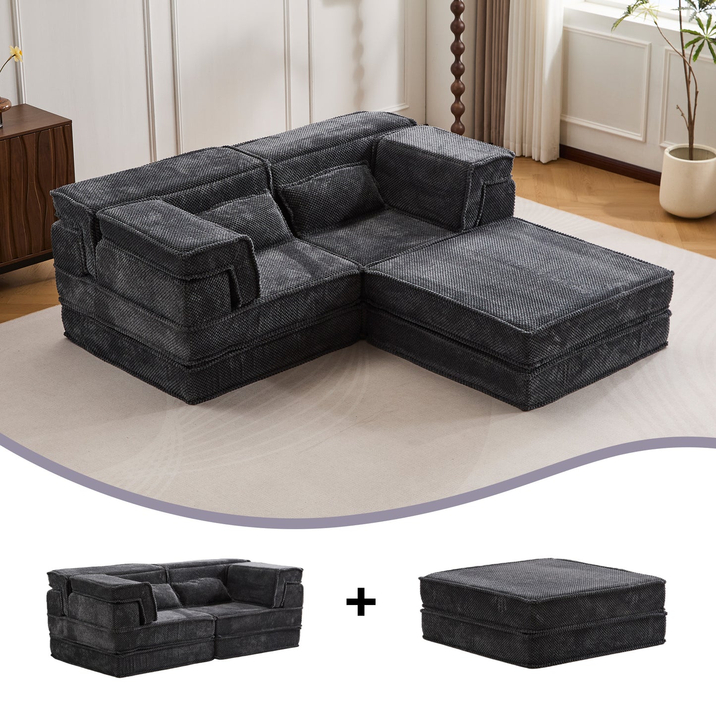 Kompressions-Mahjong-Sofa, Umwandelbares Boden-Sofabett, DIY Knochenloses Modulares Sektionalsofa, Keine Montage erforderlich, Kreisförmiger Fleece-Stoff, Überdimensioniertes 2-Sitzer-Sofa mit 1 Hocker, Dunkelgrau
