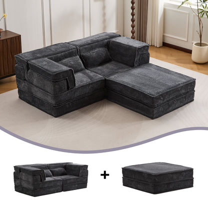 Kompressions-Mahjong-Sofa, Umwandelbares Boden-Sofabett, DIY Knochenloses Modulares Sektionalsofa, Keine Montage erforderlich, Kreisförmiger Fleece-Stoff, Überdimensioniertes 2-Sitzer-Sofa mit 1 Hocker, Dunkelgrau