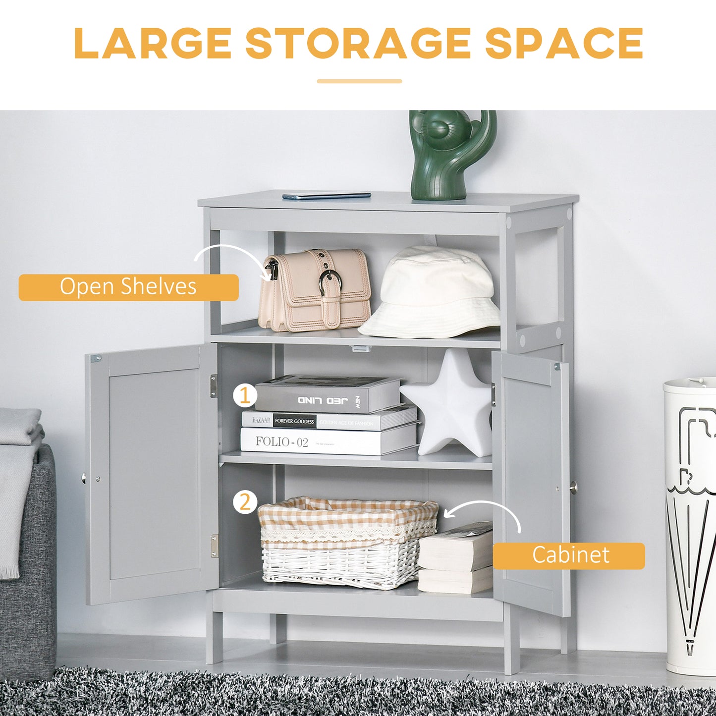 Freistehender moderner Badezimmerschrank, mit Türen und offenem Regal, Badezimmer-Organizer-Möbel, Grau