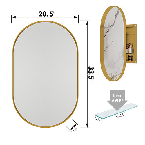 20x34 Zoll Ovales Einbaumedizinschränkchen, Metallgerahmter Badezimmerwand-Schrank mit Spiegel und einstellbaren Regalen, Wandspiegel mit Stauraum für das Badezimmer, Mattgold