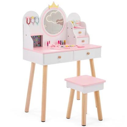 Weißes und rosa Kronen-Element, MDF + Spanplatte + Massivholzfüße, lackiert und melaminlaminiert, 4-Schubladen-Kinder-Ankleidetisch-Set