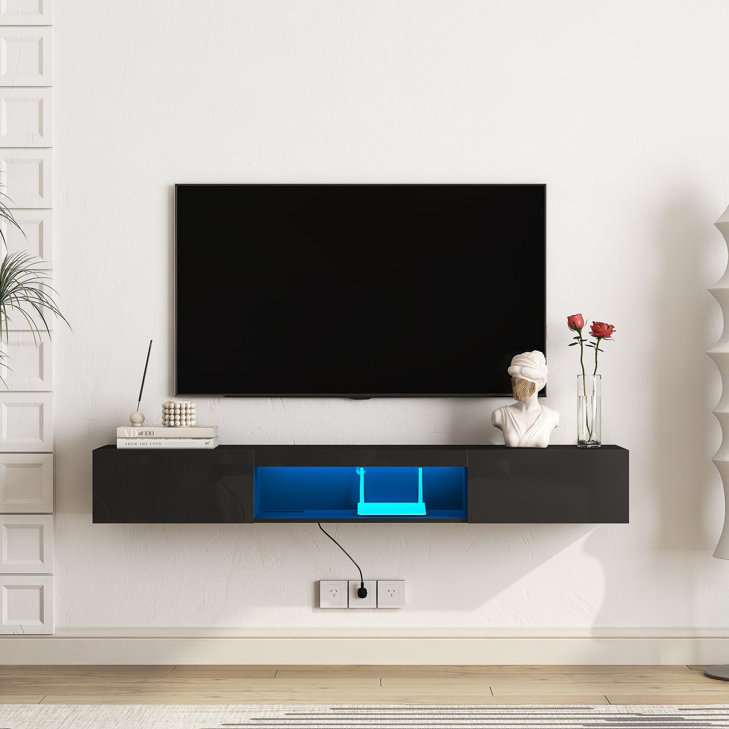 Schwebender TV-Ständer Wandmontiert mit 16-farbigen LEDs Moderner TV-Ständer, Schwebender TV-Schrank Entertainment-Center für 55 60 65 Zoll TV, Schwarz