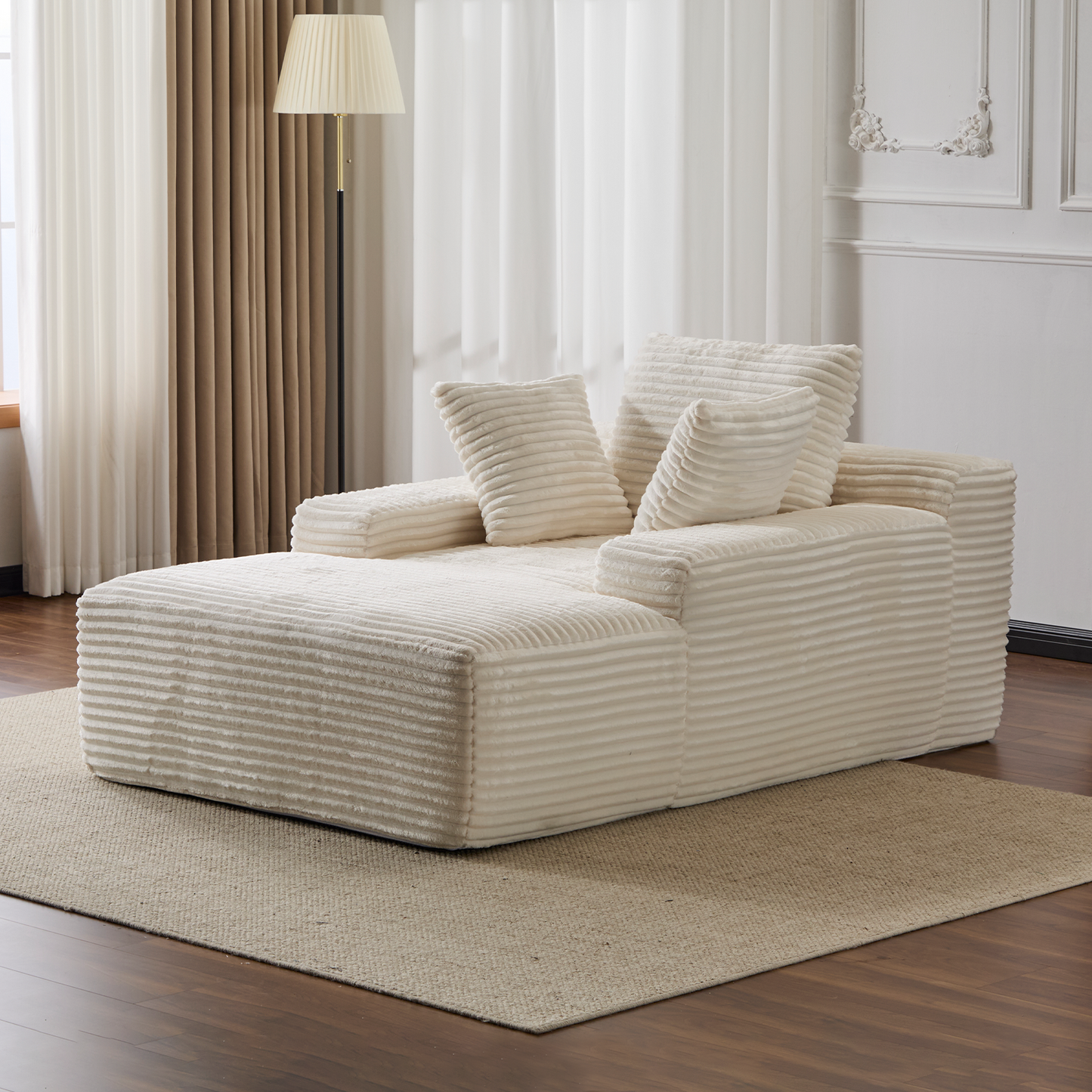 Überdimensionierter Chaiselongue-Sessel Gemütliches Wolken-Sofa, Modern mit Plüsch-Cord-Stoff Bezogenes Schlafsofa-Tagbett mit 3 Dekokissen und breiter Armlehne für das Wohnzimmer, Keine Montage erforderlich, Weiß