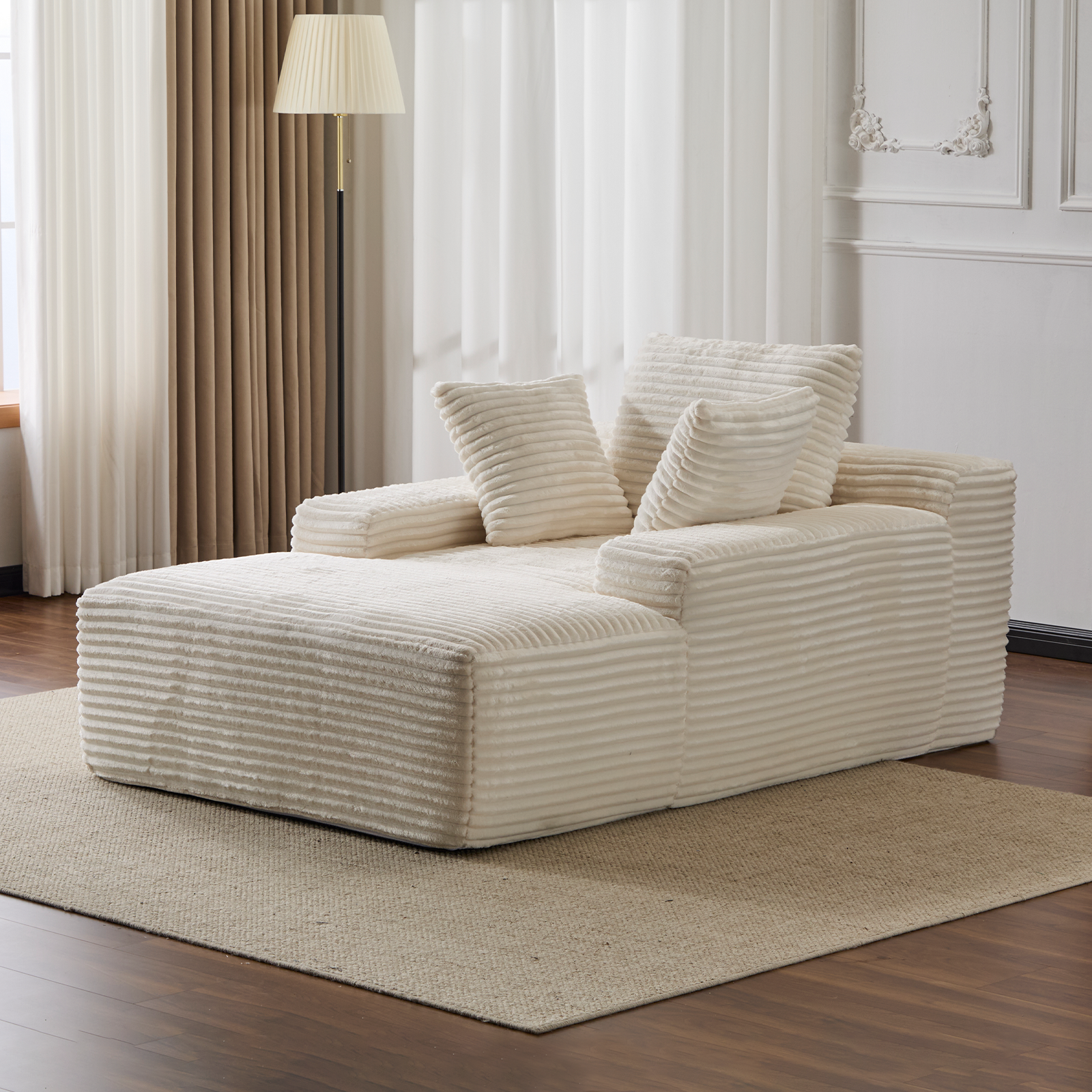 Überdimensionierter Chaiselongue-Sessel Gemütliches Wolken-Sofa, Modern mit Plüsch-Cord-Stoff Bezogenes Schlafsofa-Tagbett mit 3 Dekokissen und breiter Armlehne für das Wohnzimmer, Keine Montage erforderlich, Weiß