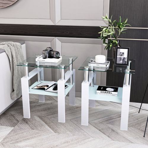 Set aus 2, Moderner Tee-Tisch Kaffeetisch Beistelltisch aus Temperglas, Quadratischer Tisch für das Wohnzimmer, Transparent Weiß