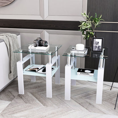Set aus 2, Moderner Tee-Tisch Kaffeetisch Beistelltisch aus Temperglas, Quadratischer Tisch für das Wohnzimmer, Transparent Weiß