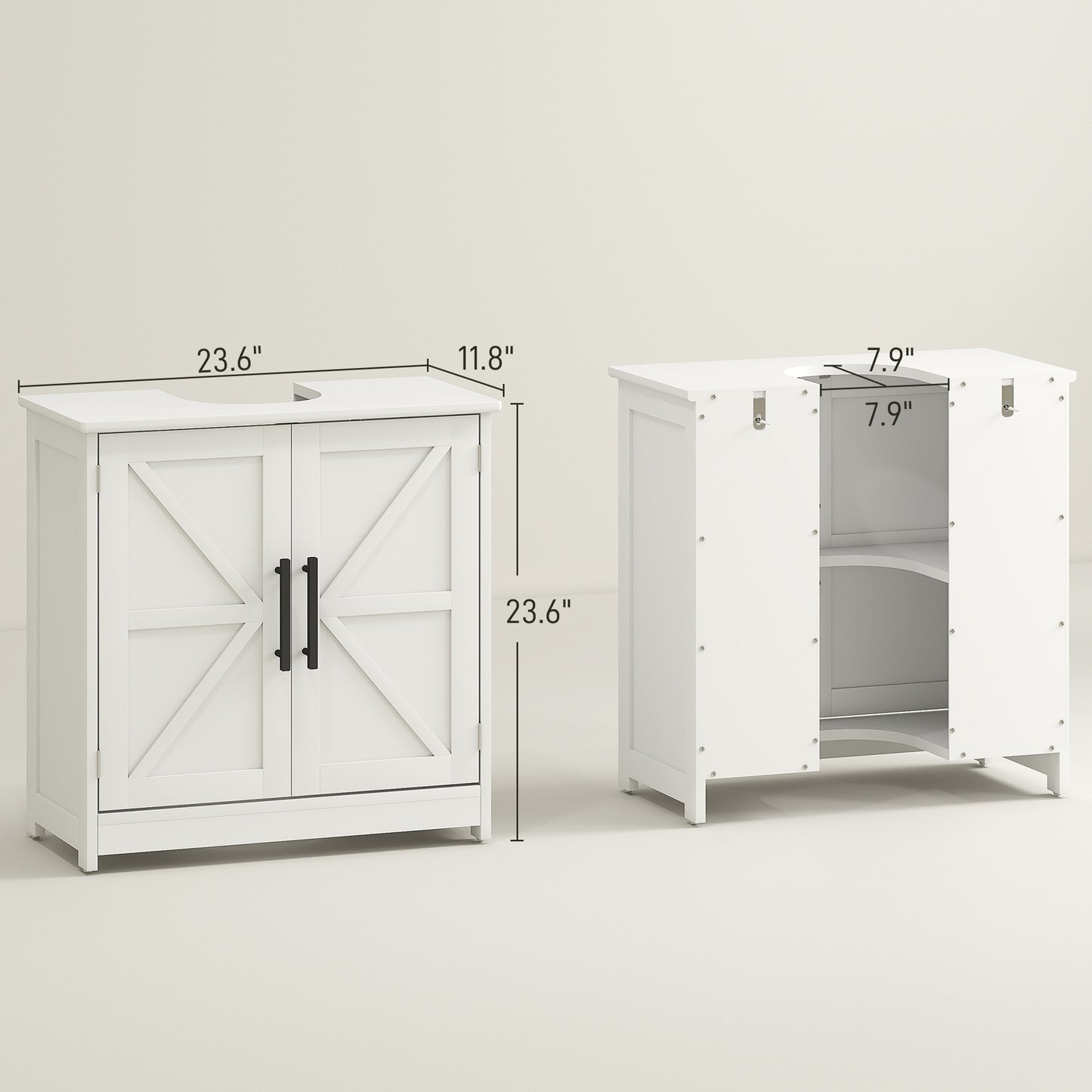 Bauernhaus-Piedestal-Waschbecken-Schrank, Badezimmer-Waschbecken-Schrank mit 2 Scheunentüren und einstellbarem Regal, Weiß