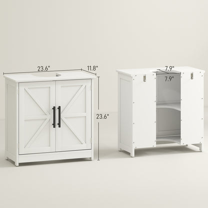 Bauernhaus-Piedestal-Waschbecken-Schrank, Badezimmer-Waschbecken-Schrank mit 2 Scheunentüren und einstellbarem Regal, Weiß