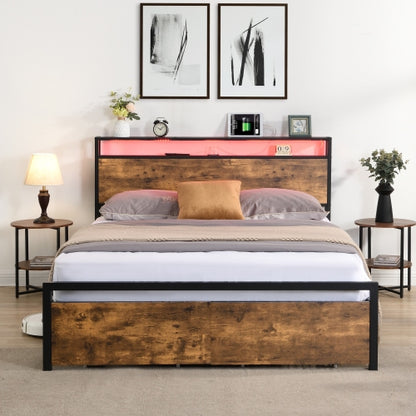 Queen-Size-Bettgestell mit Stauraum-Kopfteil und 2 Schubladen, LED-Licht-Bett mit Lade-Station