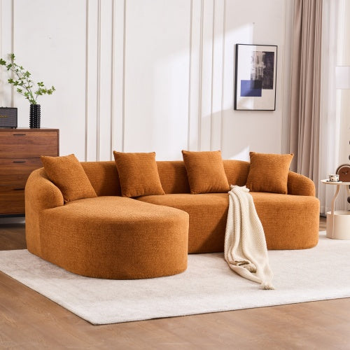 LY-022 Graue Kompressionssofa, Kombination aus Chaise Longue und 3-Sitzer, Holzmaserung-Chenille-Stoff, Voll-Schwamm-Kompressionssofa, kombinierte Sofa mit 4 Kissen für Wohnzimmer-Möbel in der Wohnung