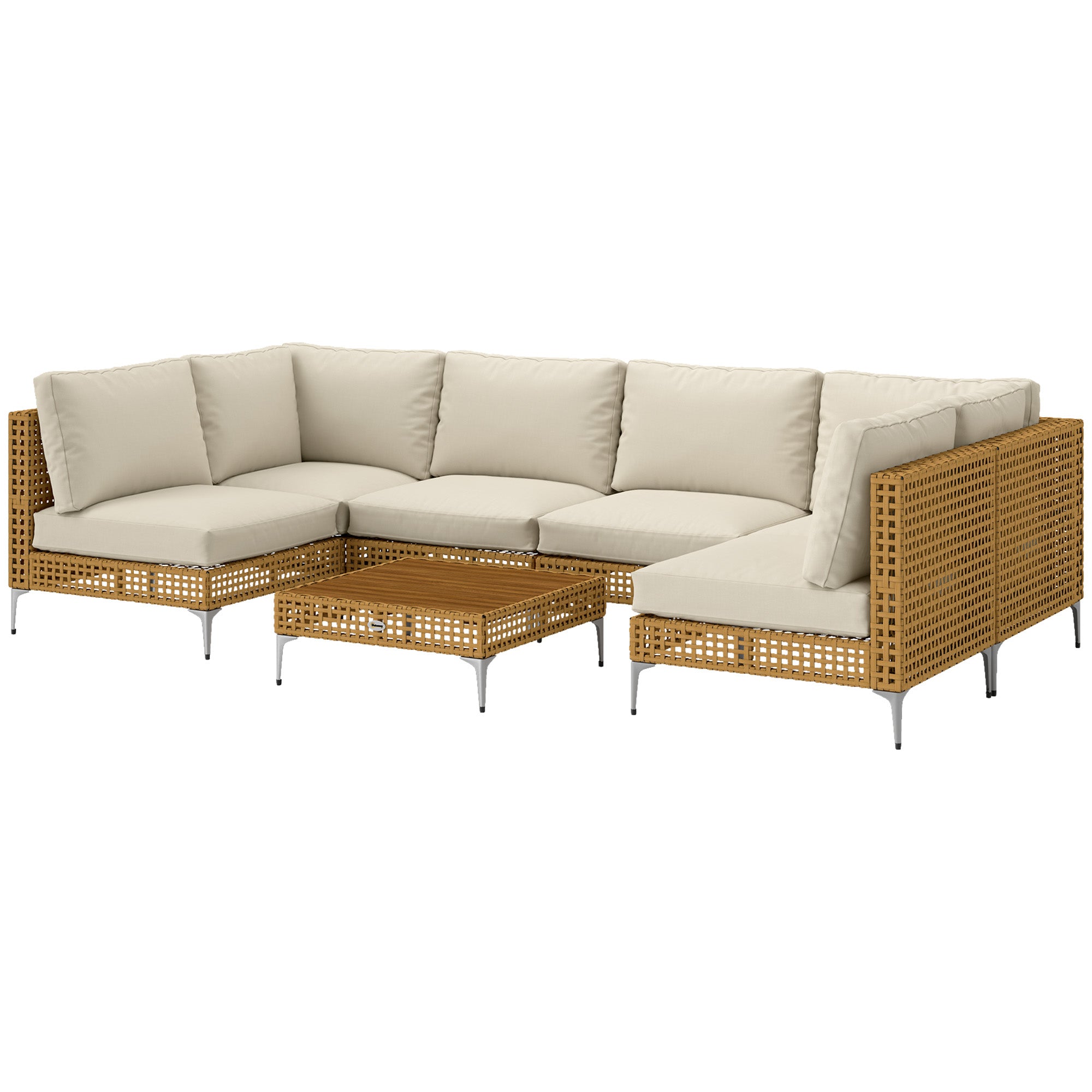7-teiliges Korbmöbel-Set für die Terrasse, modulares Außensofa mit verdickten Polstern, Tisch aus Akazienholz, Khakibeige
