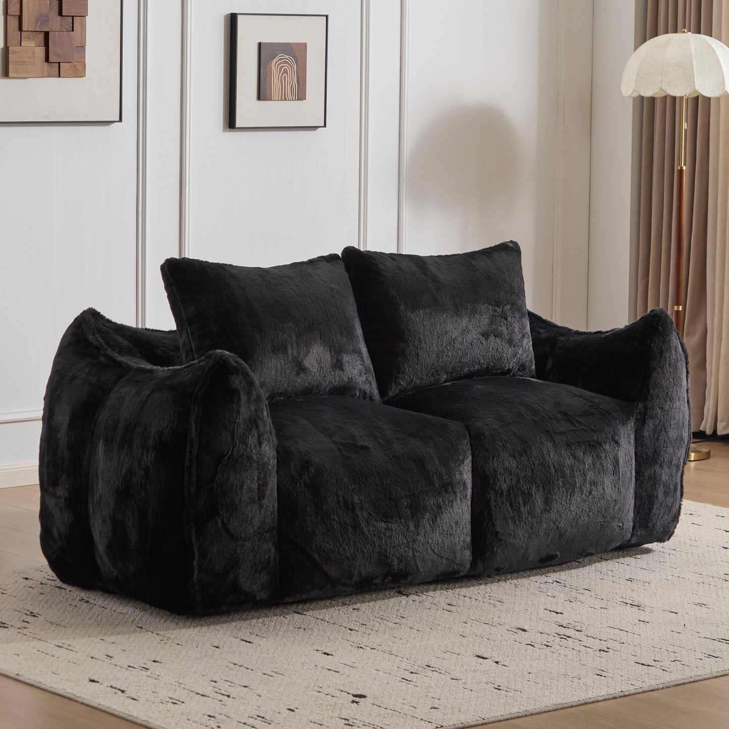 Riesiges Sitzsacksofa für Erwachsene, ultra weiches, flauschiges Zweiersofa aus Sitzsäcken, überdimensionierter Chaiselongue-Stuhl für Innenräume im Wohnzimmer oder Schlafzimmer, keine Montage erforderlich, gemütlicher Lesesessel mit Kissen, Schwarz