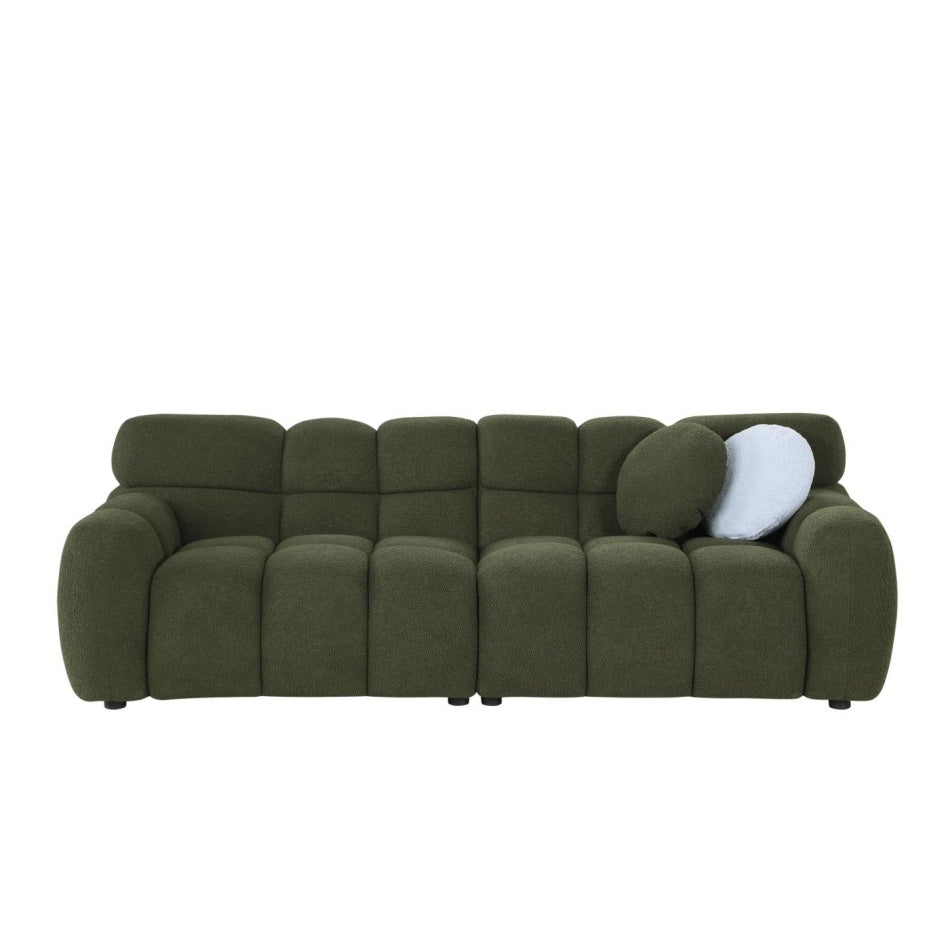 87,4 Länge, 35,83 Zoll Tiefe, menschliche Körperstruktur für US-Amerikaner, Marshmallow-Sofa, Bouclé-Sofa, 3-Sitzer, OLIVGRÜN BOUCLE