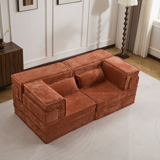 Kompressions-Mahjong-Sofa, umklappbares Boden-Sofabett, DIY knochenloses modulares Sektionssofa, keine Montage erforderlich, runder Fleece-Stoff, modernes überdimensioniertes Zweiersofa, Orange