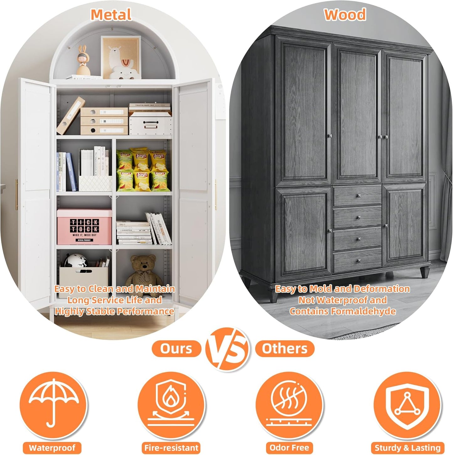 Weißer Küchen-Vorratsschrank, Gebogener Stauraumschrank mit Türen und einstellbaren Regalen, Hoher freistehender Schrank für Wäscheraum, Esszimmer, Wohnzimmer, Badezimmer