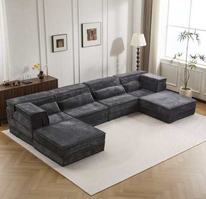 Kompressions-Mahjong-Sofa, Umwandelbares Boden-Sofabett, DIY Knochenloses Modulares Sektionalsofa, Keine Montage Erforderlich, Kreisförmiger Fleece-Stoff, Überdimensioniertes 4-Sitzer-Sofa mit 2 Hocker, Dunkelgrau