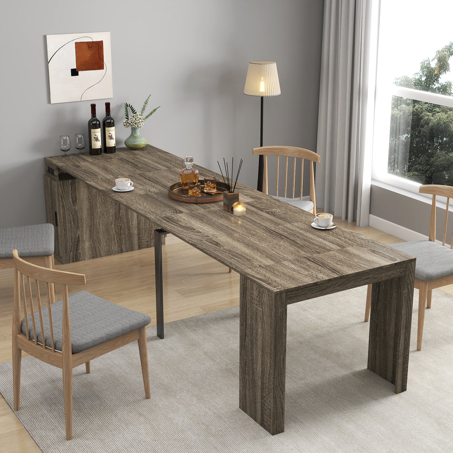 Moderne multifunktionale ausziehbare Esstisch mit Steckdose, platzsparender ausklappbarer Tisch mit Stauraum für Partys, Hochzeiten, Meetings und Feiern