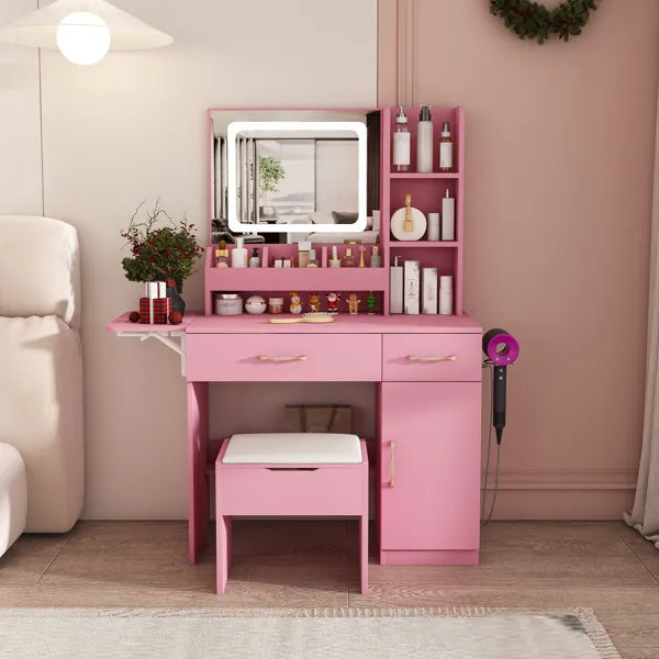 Toilettentisch mit LED-Spiegelbeleuchtung und Stromsteckdosen-Ladestation, Schminktisch mit 3 Schubladen, 7 Regalen und Stauraum-Hocker, für Mädchen und Frauen (Rosa)