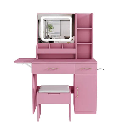 Toilettentisch mit LED-Spiegelbeleuchtung und Stromsteckdosen-Ladestation, Schminktisch mit 3 Schubladen, 7 Regalen und Stauraum-Hocker, für Mädchen und Frauen (Rosa)