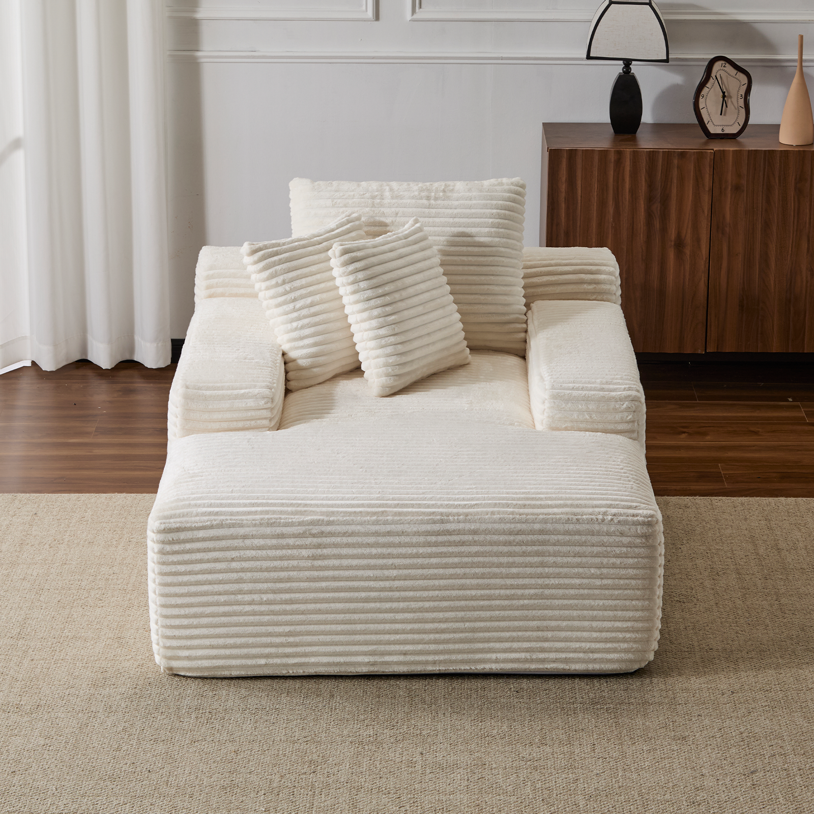 Überdimensionierter Chaiselongue-Sessel Gemütliches Wolken-Sofa, Modern mit Plüsch-Cord-Stoff Bezogenes Schlafsofa-Tagbett mit 3 Dekokissen und breiter Armlehne für das Wohnzimmer, Keine Montage erforderlich, Weiß