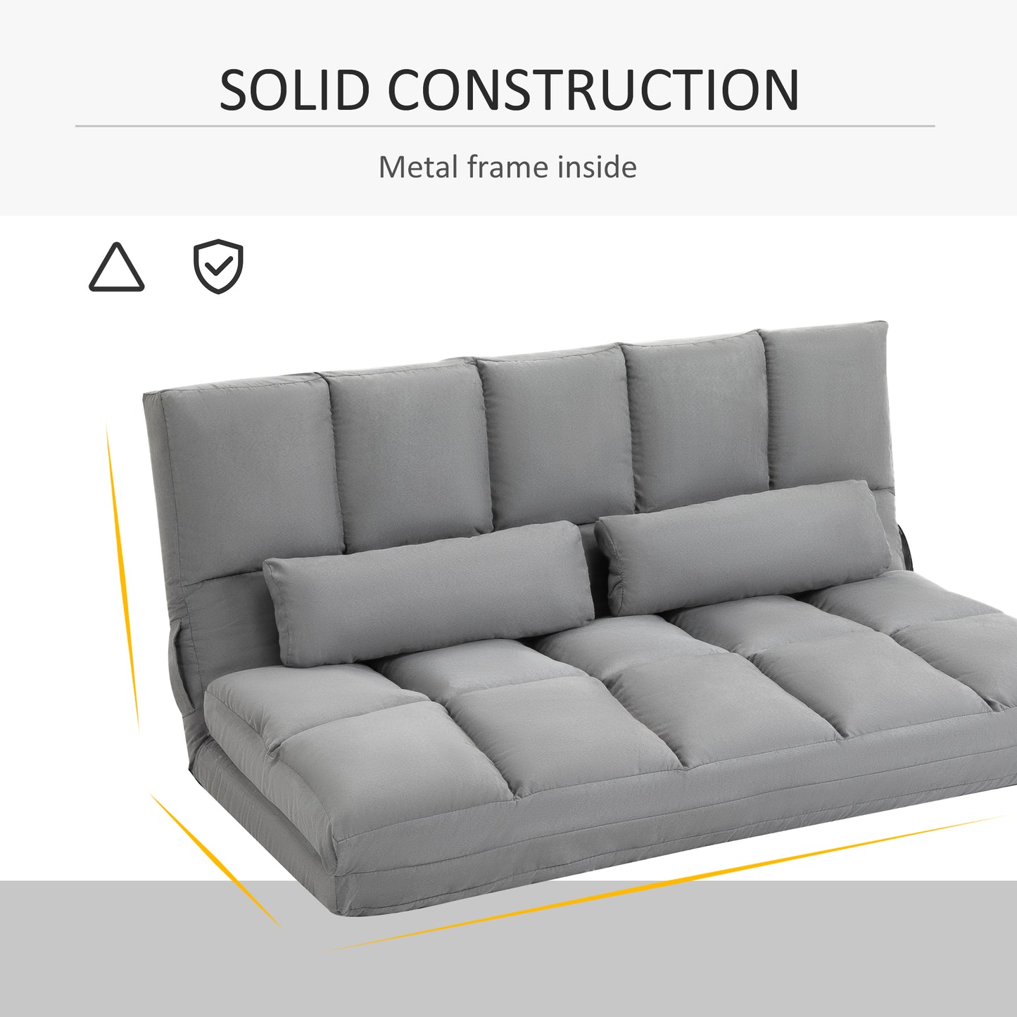Folding Upholstered Couch Bed Gray Convertible Floor Sofa Chair Metal Frame Pillows