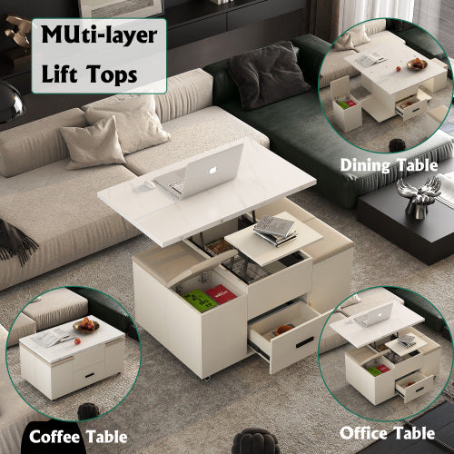 Moderner Klappbarer Couchtisch mit 4 Hocker-Set für das Wohnzimmer, ausziehbar, 1 versteckte Aufbewahrung, 2 Schubladen, platzsparender faltbarer Esstisch