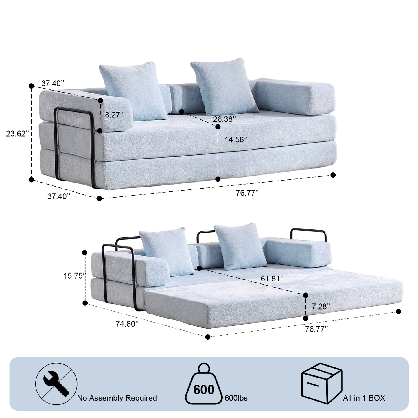 Boden-Couch, Kompressions-Sofa, Umwandelbares Boden-Sofa-Bett – mit Kissen-Rückenlehne und Armlehne, Bequeme Futon-Couch-Liege-Schlafsofa, Chenille-Stoff, für Wohnzimmer und Schlafzimmer LICHTBLAU