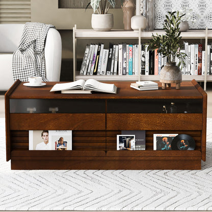 U-Can Moderner Rechteckiger Couchtisch Mit 4 Schubladen Und 2 Vitrinenböden, Holz-Couchtisch Im Rillenstil, Temperglas Für Das Wohnzimmer