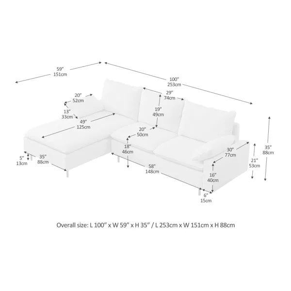 L-förmiges Leinen-Sofasofa mit rechter Chaise, Wohnzimmer, Schlafzimmer, Büro.