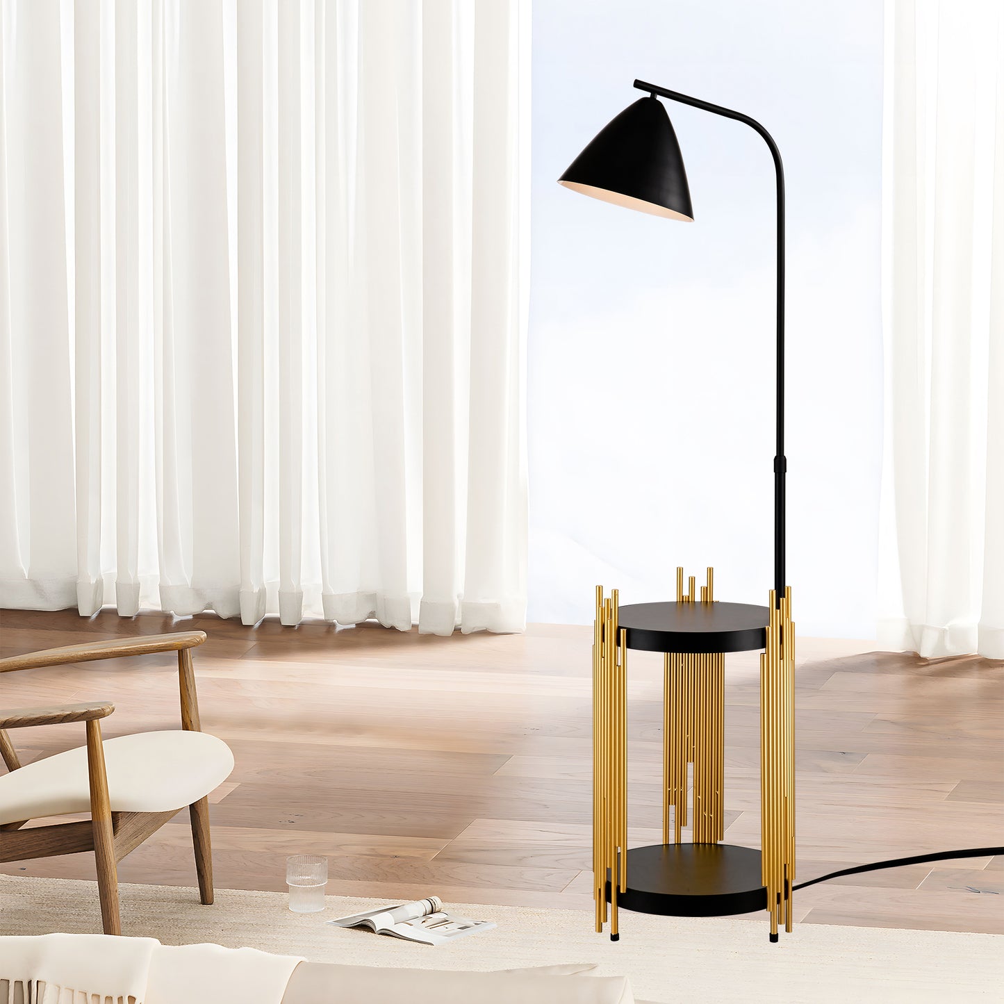Luxus-Regal Stehlampe für das Wohnzimmer mit Metall-Lampenschirm, hohe Stehlampe im industriellen Stil für Lesen im Schlafzimmer, Büro E26 Ohne mitgelieferte Glühbirne - Mattgold Mattschwarz